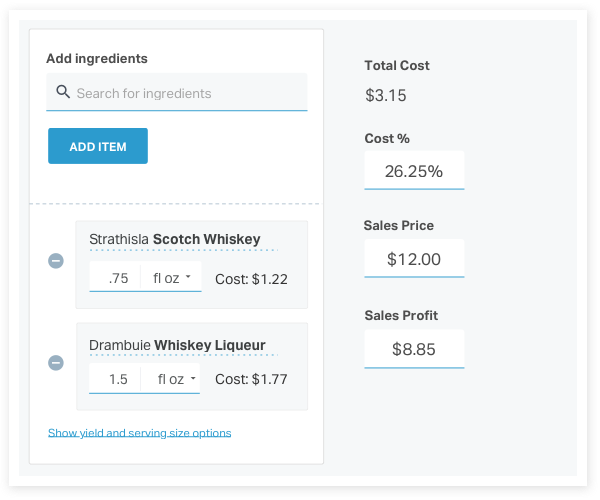 This image is a screenshot from BevSpot's new Menu-Costing feature. The user has built a menu item containing Scotch Whiskey and Whiskey Liqueur. The app tells the user this costs them $3.15 to make. The user then chooses to sell this item for $12.00, making the cost percentage on this menu item to be 26.25%.