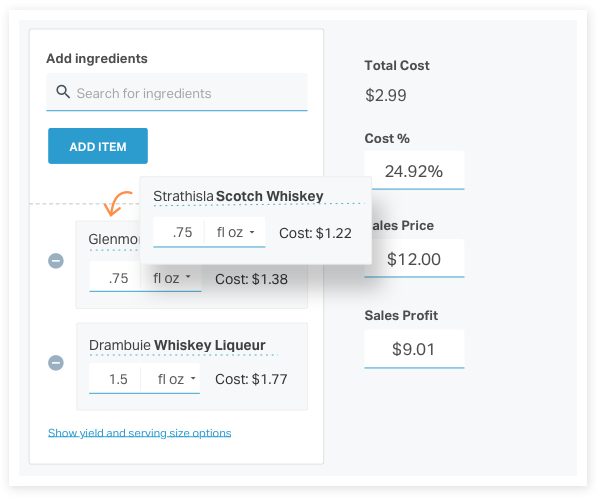 This image is a screenshot from BevSpot's new Menu-Costing feature. The user is now replacing the original Scotch Whiskey with one that is cheaper. Once this ingredient is changed, this recipe now only costs the bar $2.99 to make. The cost percentage drops down to 24.92%, meaning the restaurant or bar is now making more money on this menu item!
