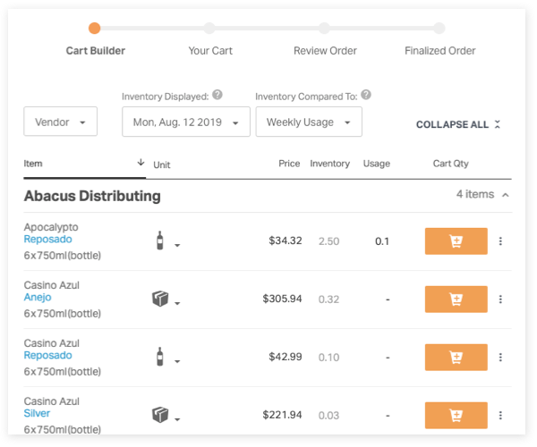 This image is a screenshot from the BevSpot app showcasing the Cart Builder feature. The user can order different products from a vendor and see the cost, how much they already have on-hand, and how much they used in the past week.